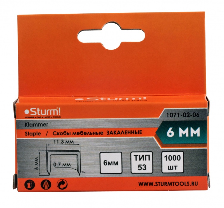 1071-02-06 Скобы для степлера 6 мм (53тип) 1000шт. Оцинк. закален. STURM